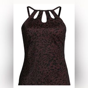 NWOT Lands End Sz 10 Swim Top Tankini High Neck Keyhole Black/Brown Abstract
